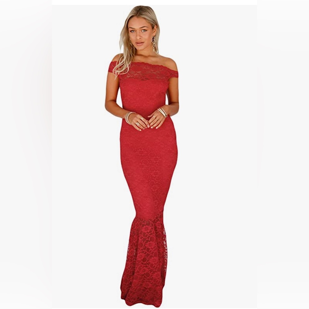 Amazon red lace women’s size small off shoulder body con fishtail